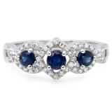 0.85 Carat (ctw) 10K White Gold Round Blue Sapphire & White Diamond Ladies Bridal Split Shank Vintage 3 Stone Engagement Ring