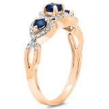 0.85 Carat (ctw) 14K Rose Gold Round Blue Sapphire & White Diamond Ladies Bridal Split Shank Vintage 3 Stone Engagement Ring