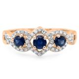 0.85 Carat (ctw) 14K Rose Gold Round Blue Sapphire & White Diamond Ladies Bridal Split Shank Vintage 3 Stone Engagement Ring