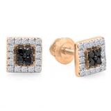 0.25 Carat (ctw) 10K Rose Gold Round Cut Black & White Diamond Square Shaped Stud Earrings 1/4 CT