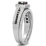 1.00 Carat (ctw) 14K White Gold Round Black And White Diamond Ladies Bridal Halo Style Engagement Ring With Wedding Band Set 1 CT