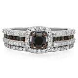 1.00 Carat (ctw) 14K White Gold Round Black And White Diamond Ladies Bridal Halo Style Engagement Ring With Wedding Band Set 1 CT
