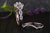 1.00 Carat (ctw) 10K Rose Gold Round Cut White Diamond Ladies Swirl Bridal Split Shank Halo Engagement Ring With Matching Band Set 1 CT