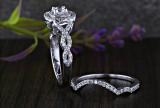1.00 Carat (ctw) 14K White Gold Round Cut White Diamond Ladies Swirl Bridal Split Shank Halo Engagement Ring With Matching Band Set 1 CT