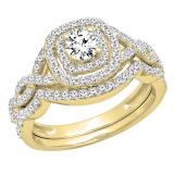 1.00 Carat (ctw) 14K Yellow Gold Round Cut White Diamond Ladies Swirl Bridal Split Shank Halo Engagement Ring With Matching Band Set 1 CT