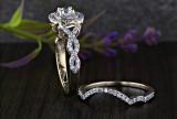 1.00 Carat (ctw) 14K Yellow Gold Round Cut White Diamond Ladies Swirl Bridal Split Shank Halo Engagement Ring With Matching Band Set 1 CT