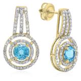 2.30 Carat (ctw) 14K Yellow Gold Round Cut Blue Topaz & White Diamond Ladies Halo Style Drop Earrings