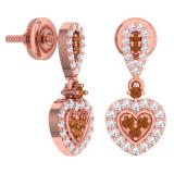 0.50 Carat (ctw) 14K Rose Gold Round Champagne & White Diamond Ladies Heart Dangling Earrings 1/2 CT