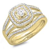 0.60 Carat (ctw) 10K Yellow Gold Round Cut Diamond Ladies Bridal Split Shank Halo Engagement Ring With Matching Band Set