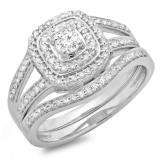 0.60 Carat (ctw) 18K White Gold Round Cut Diamond Ladies Bridal Split Shank Halo Engagement Ring With Matching Band Set