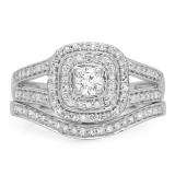 0.60 Carat (ctw) 18K White Gold Round Cut Diamond Ladies Bridal Split Shank Halo Engagement Ring With Matching Band Set