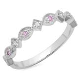 0.10 Carat (ctw) 10K White Gold Round Pink Sapphire & Diamond Ladies Vintage Style Milgrain Stackable Wedding Band 1/10 CT