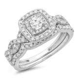 0.95 Carat (ctw) 10K White Gold Round Cut White Diamond Ladies Swirl Bridal Split Shank Halo Engagement Ring With Matching Band Set 1 CT