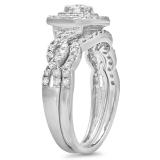 0.95 Carat (ctw) 10K White Gold Round Cut White Diamond Ladies Swirl Bridal Split Shank Halo Engagement Ring With Matching Band Set 1 CT