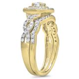 0.95 Carat (ctw) 10K Yellow Gold Round Cut White Diamond Ladies Swirl Bridal Split Shank Halo Engagement Ring With Matching Band Set 1 CT
