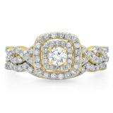 0.95 Carat (ctw) 10K Yellow Gold Round Cut White Diamond Ladies Swirl Bridal Split Shank Halo Engagement Ring With Matching Band Set 1 CT