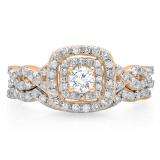 0.95 Carat (ctw) 14K Rose Gold Round Cut White Diamond Ladies Swirl Bridal Split Shank Halo Engagement Ring With Matching Band Set 1 CT