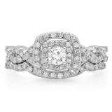 0.95 Carat (ctw) 14K White Gold Round Cut White Diamond Ladies Swirl Bridal Split Shank Halo Engagement Ring With Matching Band Set 1 CT