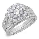1.10 Carat (ctw) 10K White Gold Round Cut Diamond Ladies Split Shank Cluster Style Engagement Ring With Matching Band Set 1 CT