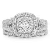 1.10 Carat (ctw) 10K White Gold Round Cut Diamond Ladies Split Shank Cluster Style Engagement Ring With Matching Band Set 1 CT