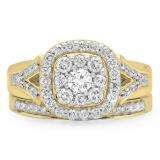 1.10 Carat (ctw) 10K Yellow Gold Round Cut Diamond Ladies Split Shank Cluster Style Engagement Ring With Matching Band Set 1 CT