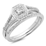 0.40 Carat (ctw) 18K White Gold Princess & Round Cut Diamond Ladies Split Shank Halo Bridal Engagement Ring With Matching Band Set