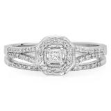 0.40 Carat (ctw) 18K White Gold Princess & Round Cut Diamond Ladies Split Shank Halo Bridal Engagement Ring With Matching Band Set