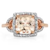 2.15 Carat (ctw) 14K Rose Gold Cushion Cut Morganite & Round Cut White Diamond Ladies Bridal Halo Style Engagement Ring