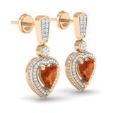 2.20 Carat (ctw) 10K Rose Gold Heart Cut Red Garnet & Round Cut White Diamond Ladies Heart Dangling Earrings