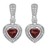 2.20 Carat (ctw) 10K White Gold Heart Cut Red Garnet & Round Cut White Diamond Ladies Heart Dangling Earrings