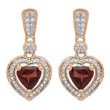 2.20 Carat (ctw) 14K Rose Gold Heart Cut Red Garnet & Round Cut White Diamond Ladies Heart Dangling Earrings