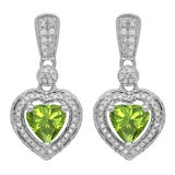 2.20 Carat (ctw) 14K White Gold Heart Cut Peridot & Round Cut White Diamond Ladies Heart Dangling Earrings