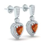 2.20 Carat (ctw) 14K White Gold Heart Cut Red Garnet & Round Cut White Diamond Ladies Heart Dangling Earrings