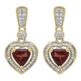 2.20 Carat (ctw) 18K Yellow Gold Heart Cut Red Garnet & Round Cut White Diamond Ladies Heart Dangling Earrings