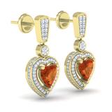 2.20 Carat (ctw) 18K Yellow Gold Heart Cut Red Garnet & Round Cut White Diamond Ladies Heart Dangling Earrings
