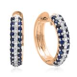 1.00 Carat (ctw) 10K Rose Gold Round Blue Sapphire & White Diamond Ladies Pave Set Huggies Hoop Earrings 1 CT