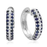 1.00 Carat (ctw) 10K White Gold Round Blue Sapphire & White Diamond Ladies Pave Set Huggies Hoop Earrings 1 CT