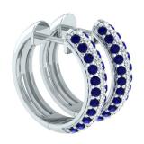 1.00 Carat (ctw) 10K White Gold Round Blue Sapphire & White Diamond Ladies Pave Set Huggies Hoop Earrings 1 CT