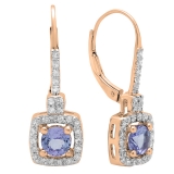 1.60 Carat (Ctw) 10K Rose Gold Round Tanzanite & White Diamond Ladies Halo Style Hoop Earrings