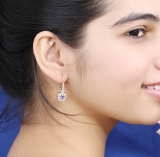 1.60 Carat (Ctw) 10K Yellow Gold Round Tanzanite & White Diamond Ladies Halo Style Hoop Earrings