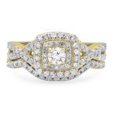 0.85 Carat (ctw) 10K Yellow Gold Round White Diamond Ladies Split Shank Bridal Halo Style Engagement Ring Set