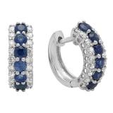 1.40 Carat (Ctw) 10K White Gold Round White Diamond & Blue Sapphire Ladies Huggies Hoop Earrings