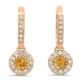 1.00 Carat (ctw) 14K Rose Gold Round Citrine & White Diamond Ladies Circle Halo Style Dangling Drop Earrings 1 CT