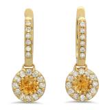 1.00 Carat (ctw) 14K Yellow Gold Round Citrine & White Diamond Ladies Circle Halo Style Dangling Drop Earrings 1 CT