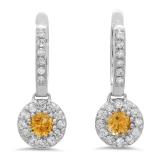 1.00 Carat (ctw) 18K White Gold Round Citrine & White Diamond Ladies Circle Halo Style Dangling Drop Earrings 1 CT