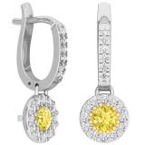 1.00 Carat (ctw) 18K White Gold Round Citrine & White Diamond Ladies Circle Halo Style Dangling Drop Earrings 1 CT