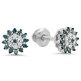 0.25 Carat (ctw) Sterling Silver Round Blue & White Diamond Ladies Cluster Style Stud Earrings 1/4 CT