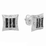 0.10 Carat (ctw) Sterling Silver Round Black & White Diamond Ladies Kite Shape Stud Earrings 1/10 CT