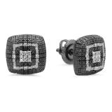 0.10 Carat (ctw) Black & White Plated Sterling Silver Round White Diamond Ladies Square Shape Fashion Stud Earrings 1/10 CT