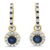 1.45 Carat (ctw) 10K Yellow Gold Round Blue Sapphire & White Diamond Ladies Halo Style Dangling Drop Earrings 1 1/2 CT